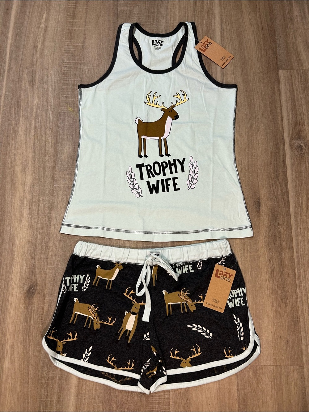 Lazy One Light Blue Tank & Dark Gray Deer Print Shorts Pajama Set